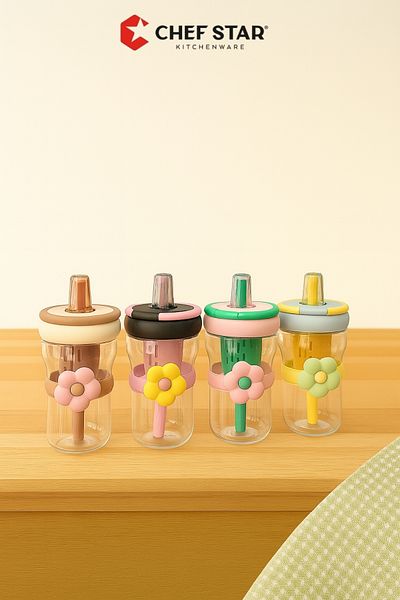 Chefstar Flower Patterned Water Bottle with Straw – 550 ml