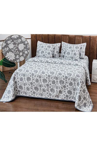 trendyhome Double Bed Quilt, Cotton with Linen, 5 Pieces, Poppies, Grey/White, PT24089