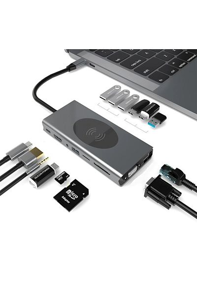 SMART GADGETS C&A Adaptor Hub USB Tip-C 15 în 1 Wireless 10W, HDMI 4K, PD 87W, 3 x USB 3.0, 3 x USB 2.0, RJ45 Giga