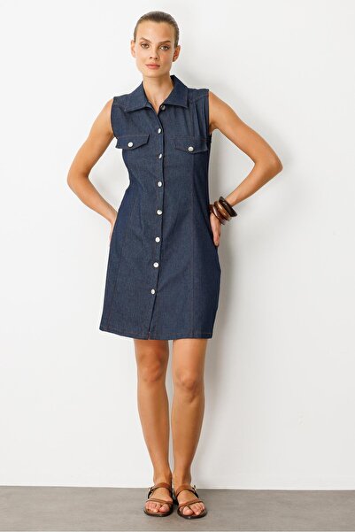 accort Düğme Detaylı Kot Elbise-MAVİ