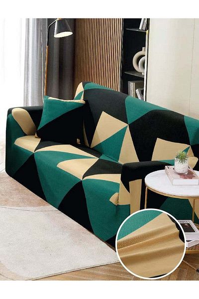 trendyhome Husă elastică cu brațe, canapea cu 2 locuri, verde/galben/negru, J11229