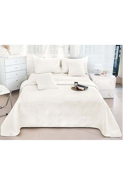 trendyhome Double Bedspread, Cotton with Linen, 5 Pieces, Flowers, Beige, PT24077