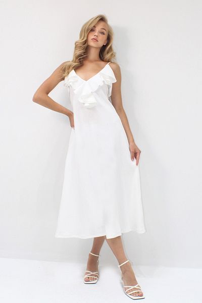 VAGGON Rochie de damă cu guler alb cu bretele cu volan de lungime midi Prmx14239