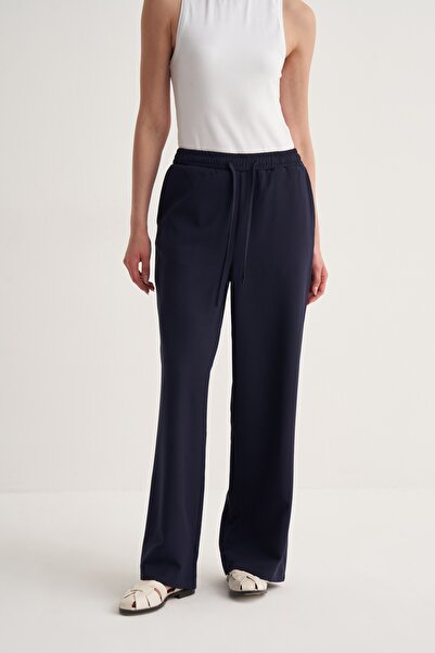 EBU Prive Women's Elastic Waist Palazzo Trousers Navy Blue