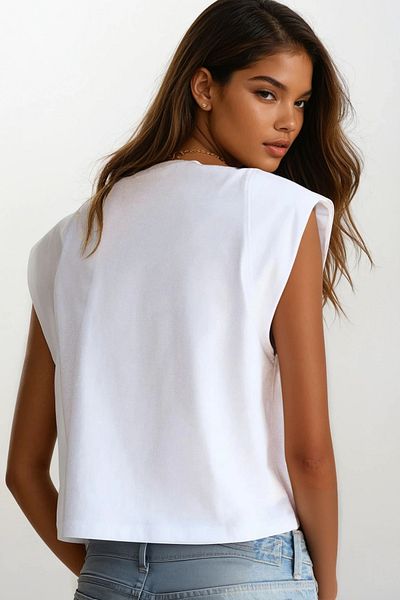 VAGGON Tricou alb pentru femei, cu decolteu, cu umeri, fără mâneci, Prmx14181