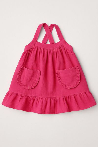 Magu Girls' Cotton Fuchsia Cross Strap Pocket Ruffle Dress