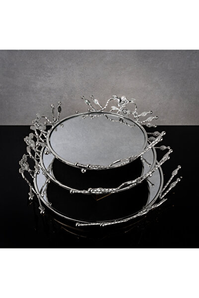 Hinora Zamak Desen Aynalı Yuvarlak 3Lü Şık Tepsi Set 31-35-41CM