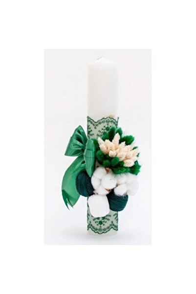OEM Λαμπάδα Βάπτισης, Αποξηραμένα Λουλούδια και Βαμβάκι, 35x5εκ., Σμαραγδί-Λευκό