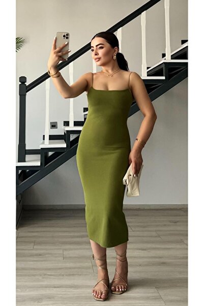 Oslove Olive Çelik Örme Askılı Elbise