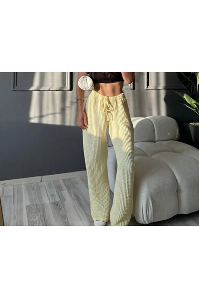 OYYOMODA Premium Wrinkle Flower Flower Fabric Ultra High Waist Yellow Pants