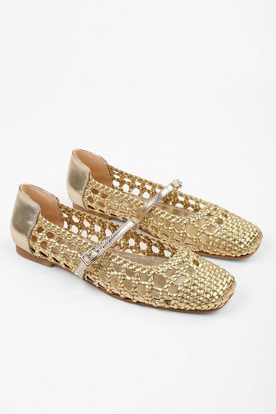 Shoeberry Women's Miela Gold Skin Buckle Knitted Ballerinas