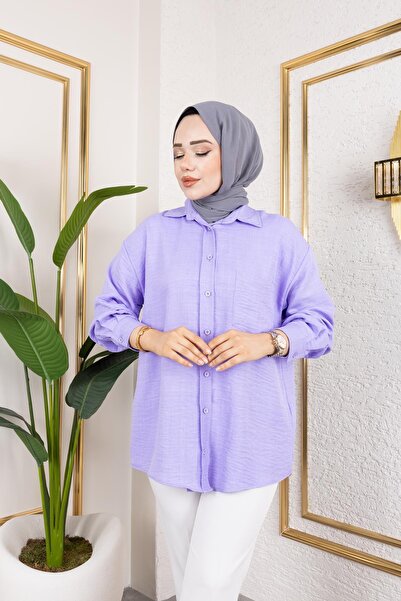 Moda Ebva Cep Detaylı Tesettür Gömlek-3037 Lila