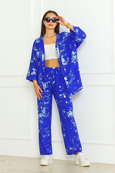 SheLoria Women's Saks Blue Foil Patterned Bottom Top Kimono Trousers Viscose Set