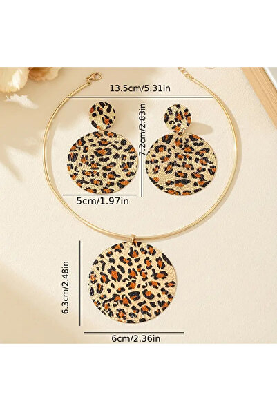 Atılgan Grp Vintage Necklace and Earring Set with Round Leopard Pattern,