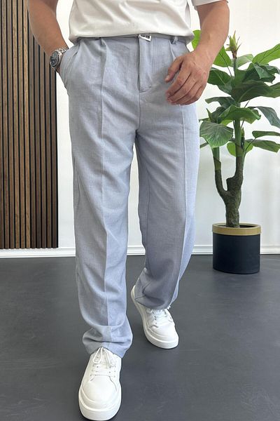 Edwox Men's Buttoned Waist Comfortable Fit Summer Trousers Blue Edw393