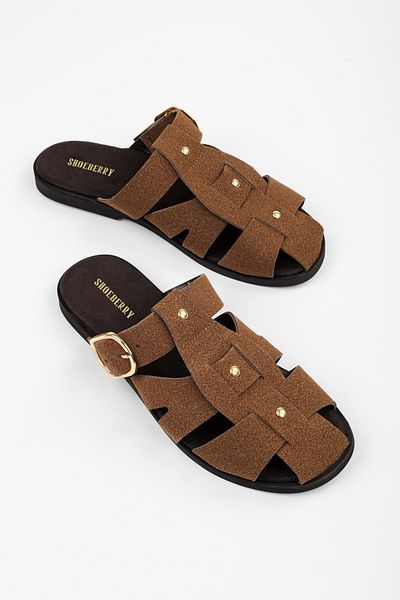 Shoeberry Women's Sole Tan Suede Trok Detailed Belted Slippers