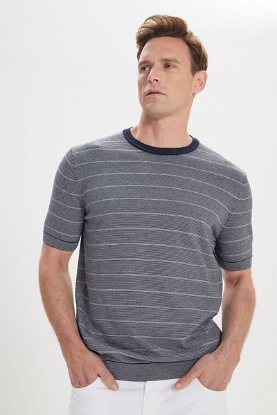 AC&Co / Altınyıldız Classics Men's Navy Blue-White Standard Fit Regular Fit 100% Cotton Striped Crew Neck Knitwear T-Shirt