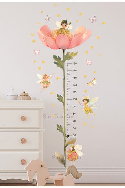 Sim Tasarım Watercolor Giant Flower and Fairies - Butterflies Height Measure Wall Sticker Set