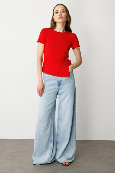 accort Drape Detaylı Taşlı Tişört-KIRMIZI