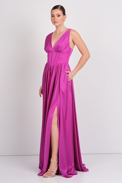 DORİDORCA Women's Deep V Neck Tie Back Maxi Evening Dress 7091 Fuchsia