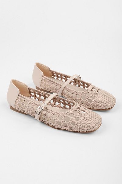 Shoeberry Women's Miela Beige Leather Buckled Knitted Ballet Flats