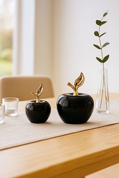 Minole Modern Seramik Elma Dekor – 2’li Set, Altın Detaylı - Ofis Masası Deko...