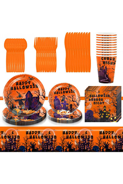 Miotlsy Halloween party tableware set, cardboard/polyethylene, orange, 81 pieces, 10 people