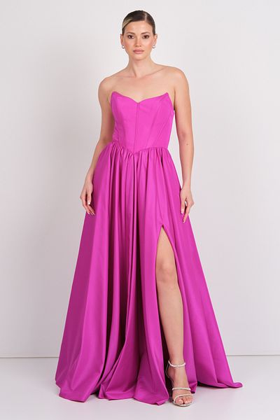 DORİDORCA Women's Strapless Taffeta Fabric Maxi Evening Dress with Corset at Waist 6133 Fuchsia