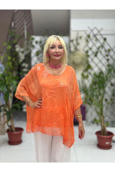 Punta Otantik Nc66893 Italian Sequin Silk Blouse Orange