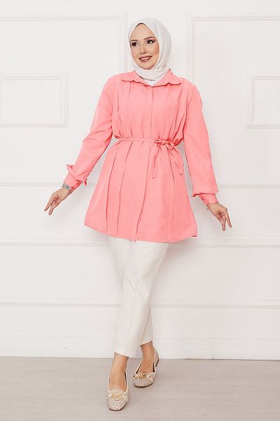EBRUTESETTÜR Long Hidden Buttoned Pleated Detailed Hijab Shirt