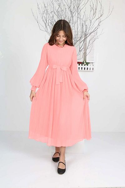 Asortix Girl's Long-Length Lined Pleated Chiffon Hijab Dress