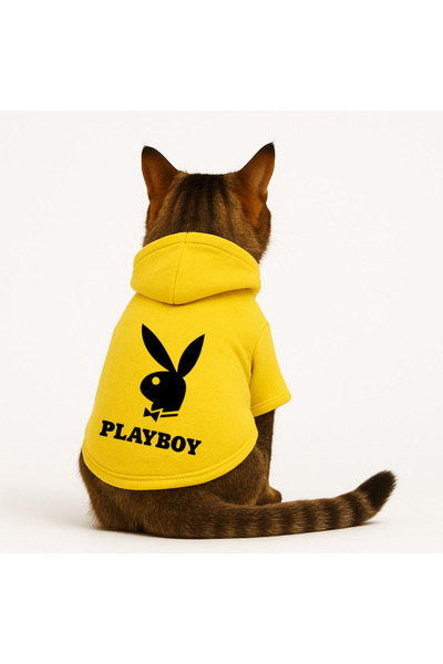 Buddy Store سويت شيرت أصفر بقلنسوة مطبوع عليه لعبة بلاي بوي مقاس S