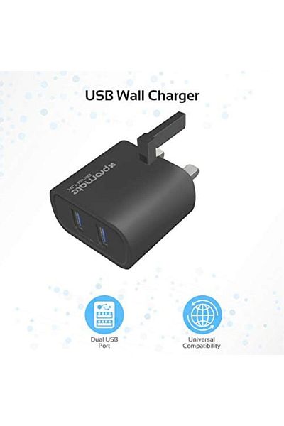 Promate Travel Wall Charger for iPad Pro, Universal 2.4A Dual USB Portable Wall Power Adapter