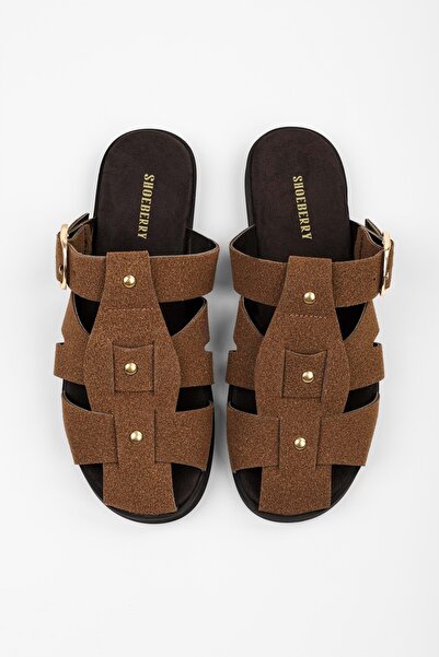 Shoeberry Women's Sole Tan Suede Trok Detailed Belted Slippers