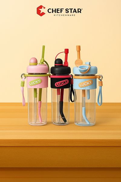 Chefstar Lucky Designed Colorful Water Bottle with Straw – 900 ml