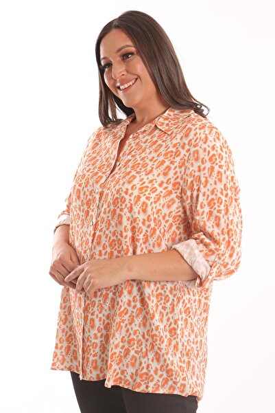 Metpoint Trend42Plus Large Size Orange Leopard Pattern Digital Printed Shirt