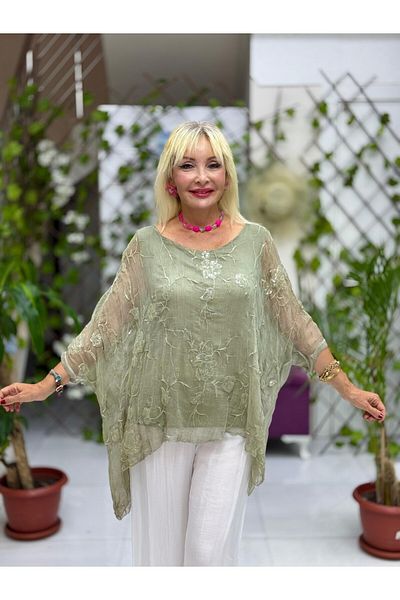 Punta Otantik Nc66893 Italian Sequin Silk Blouse Khaki