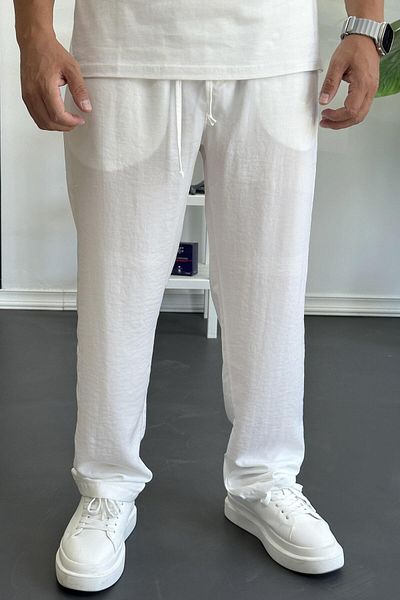 Edwox Pantaloni pentru bărbați din țesătură modal cu talie elastică, cu croiala confortabilă, alb Edw396
