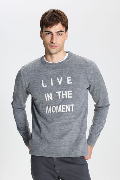 AC&Co / Altınyıldız Classics Men's Gray Non-Pilling Fabric Standard Fit Crew Neck Printed Knitwear Sweater