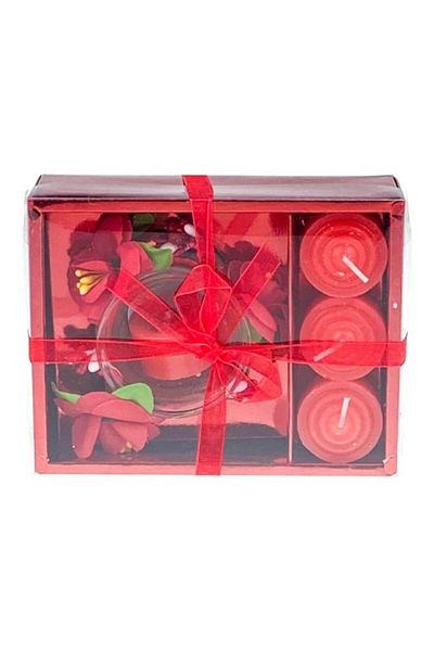 OEM Set format din pahar de sticla, flori decorative si patru pastile din ceara, 15x12 cm rosu