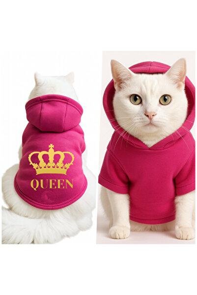 Buddy Store سويت شيرت وردي بقلنسوة على شكل قطة مطبوع عليه Queen مقاس XL