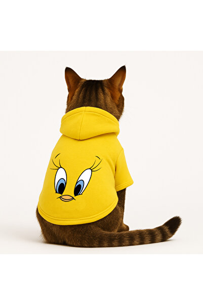 Buddy Store سويت شيرت أصفر بقلنسوة على شكل قطة مع قلنسوة مطبوعة مقاس L