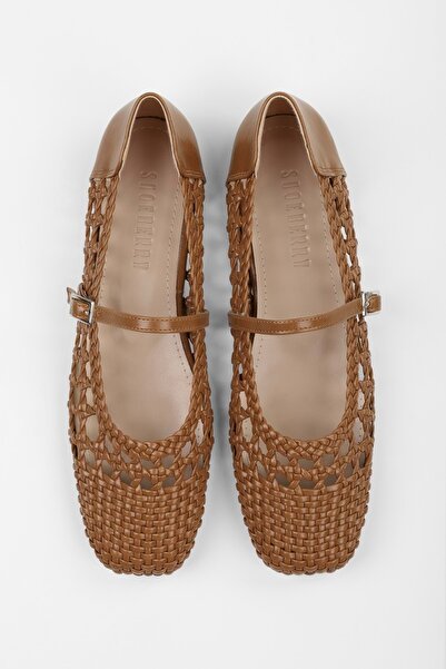 Shoeberry Women's Miela Caramel Skin Buckle Knitted Ballerinas