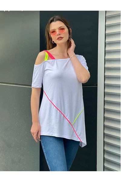 MODA Plus Size Matching Boat Neck Asymmetric Neon Strap Viscose