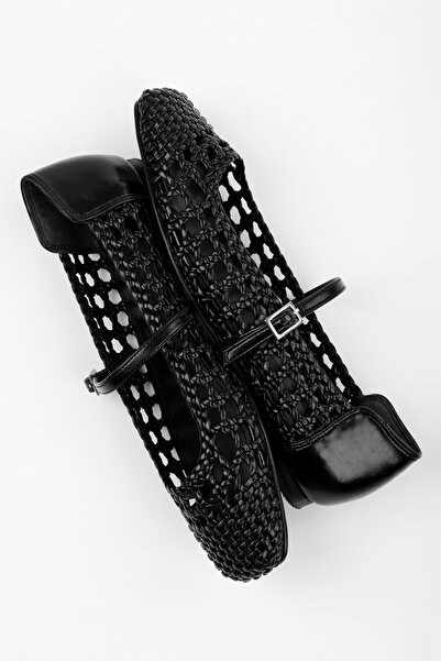 Shoeberry Women's Miela Black Leather Buckle Knitted Ballerinas