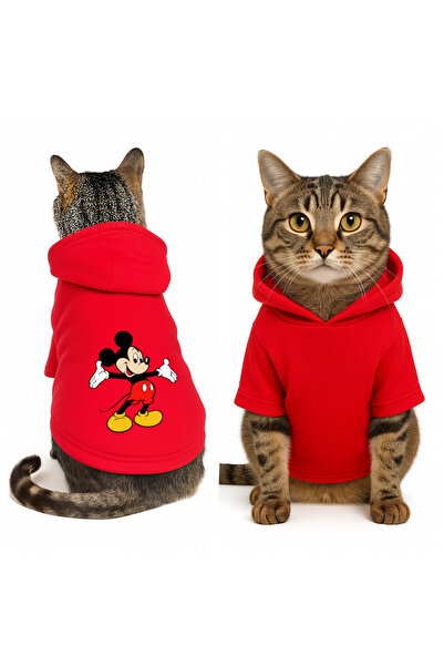 Buddy Store Kedi Kıyafeti Kapüşonlu Kırmızı Sweatshirt Hoodie Mickey Baskılı L Beden