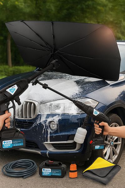 Primo Plus Car wash kit includes 520V water pump, foam tank, hose, dryer pad, and car umbrella.