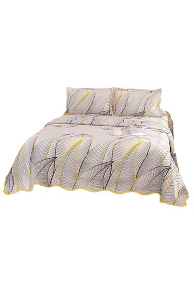 OEM Bed Cover, Microfiber, 3 Pieces, for 2 Persons, 220x240cm, Leaf Print, Beige Shades