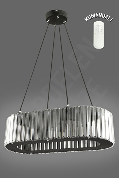 KARDELEN AYDINLATMA AVİZE Kardelen Yakut Siyah Oval Yemek Masası 4 Lü 56 cm Kumandalı Lüx Modern Taşlı avize