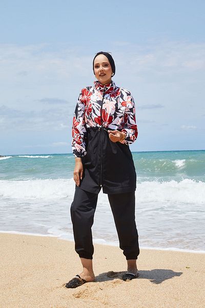EBRUTESETTÜR Drawstring Waist Floral Pattern Hijab Swimsuit